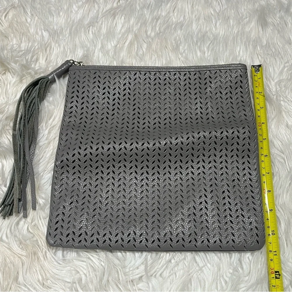 B-Low the Belt Genuine Leather Gray Perforated Fold Over Leather Clutch Tassel